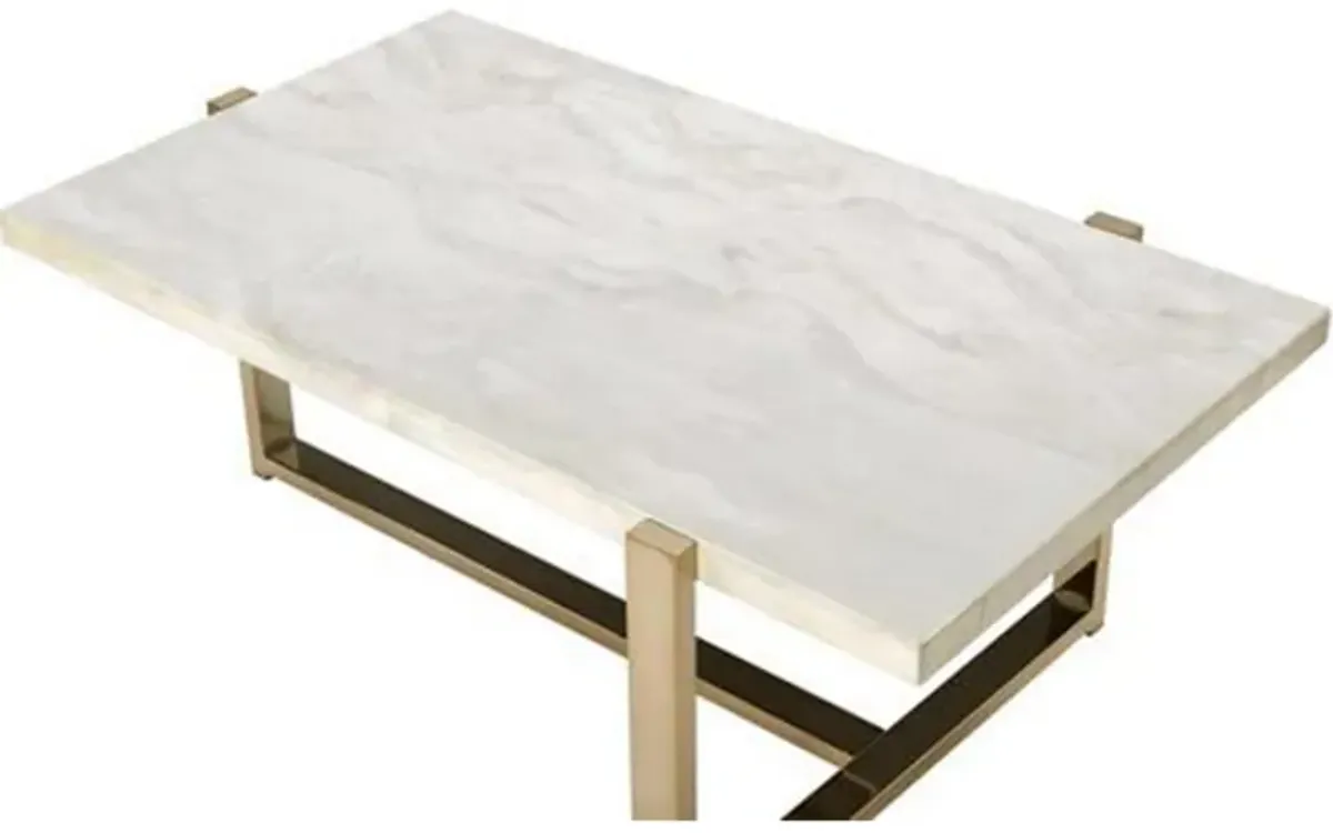 Modern Metal Framed Coffee Table with Faux Marble Top, White and Gold-Benzara