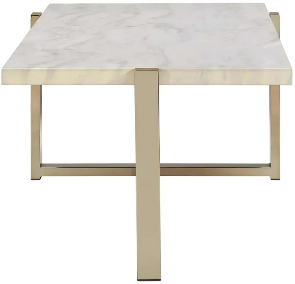 Modern Metal Framed Coffee Table with Faux Marble Top, White and Gold-Benzara