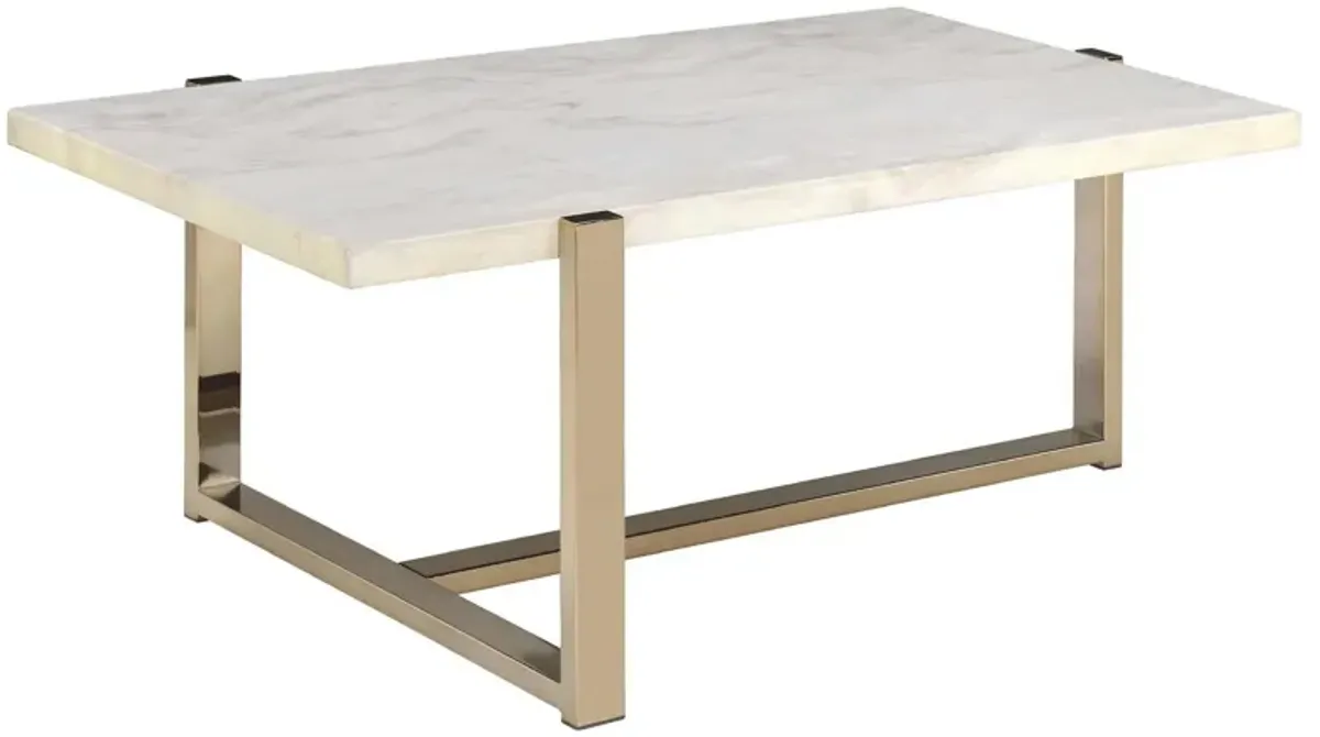 Modern Metal Framed Coffee Table with Faux Marble Top, White and Gold-Benzara