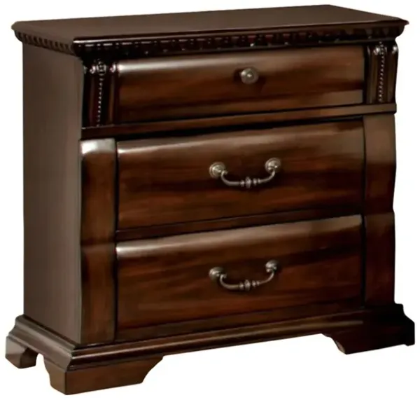 28 Inch Bedside Nightstand, 3 Drawers with Pewter Handles, Classic Dark Cherry Brown Solid Wood-Benzara