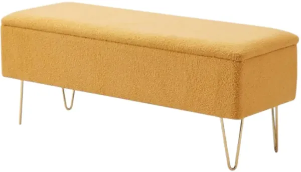 Hivvago Yellow Sherpa Fabric Upholstered End of Bed Storage Bench with Gold Finish Legs