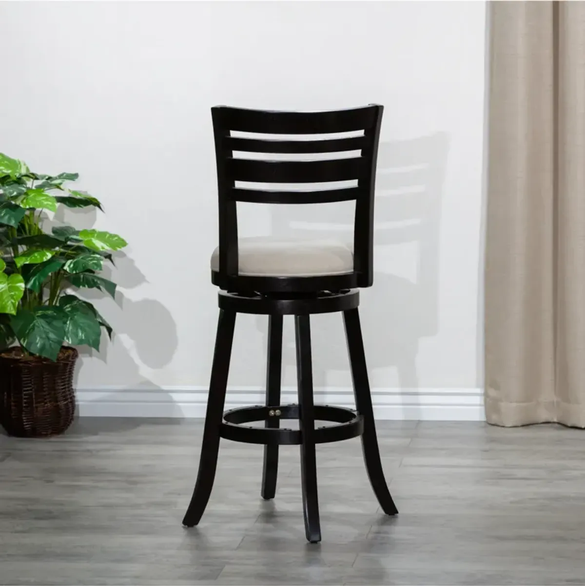 30" Bar Height Slat Back Swivel Stool, Espresso Finish, Beige Fabric Seat
