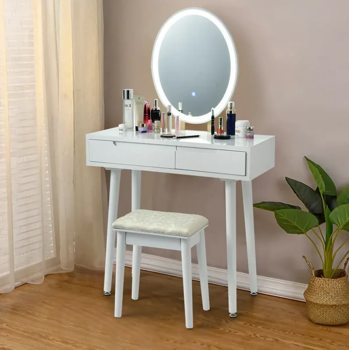 Touch Screen Vanity Makeup Table Stool Set with Lighted Mirror