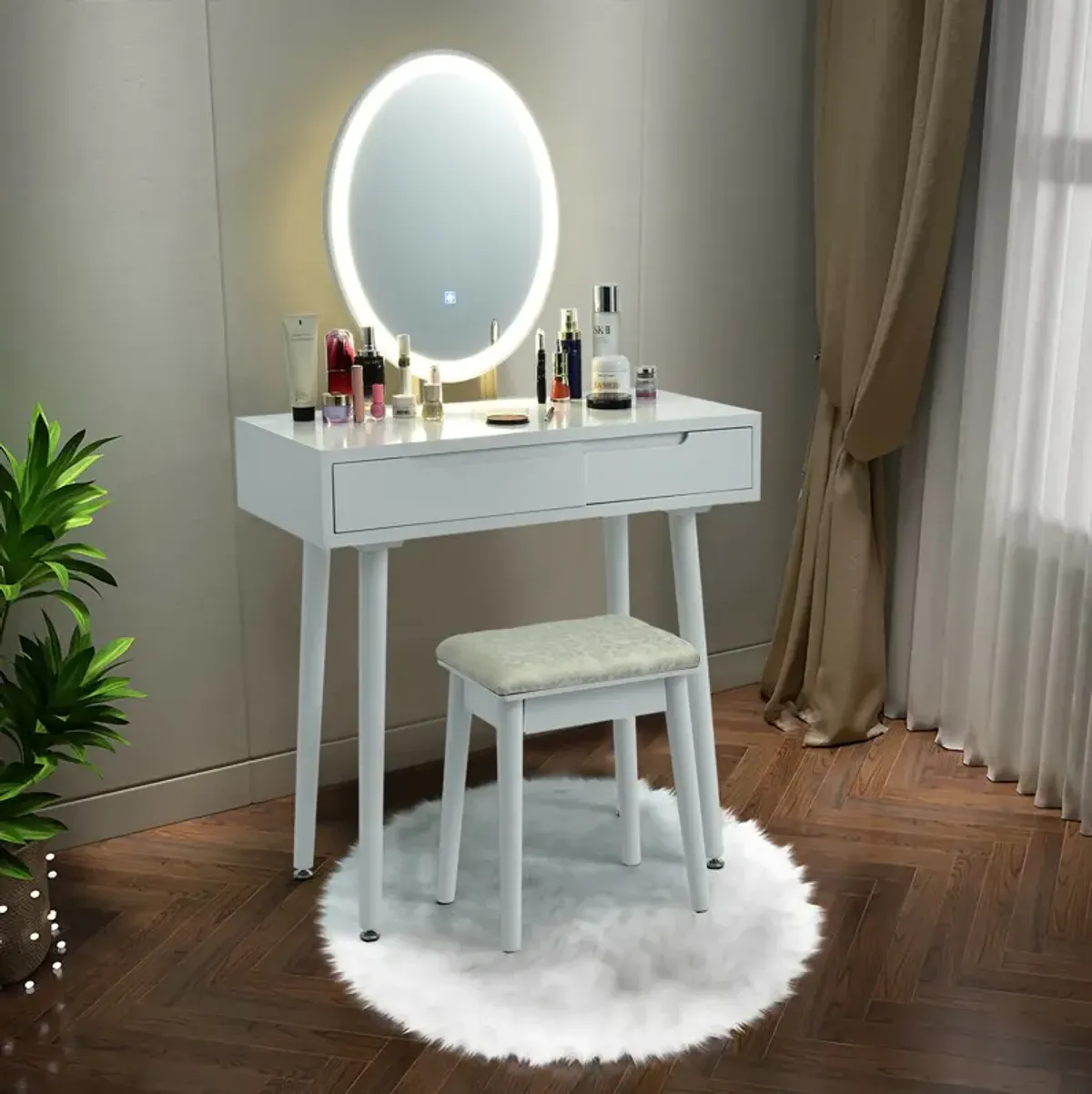 Touch Screen Vanity Makeup Table Stool Set with Lighted Mirror