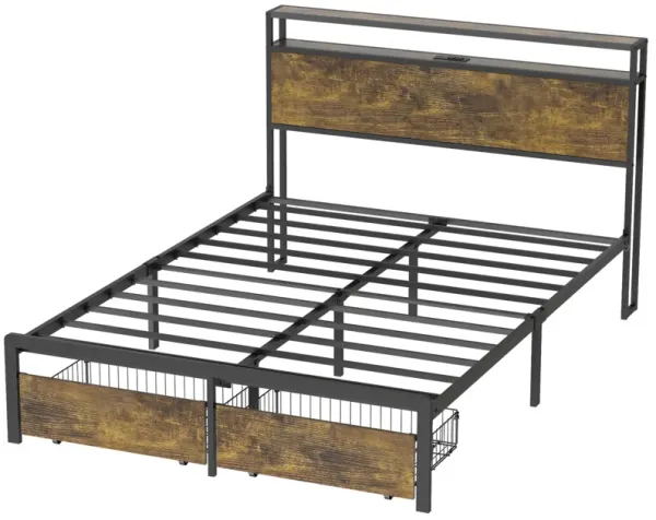 Bed Frame with LED Lights and Charging Station - Robust Metal Wood Construction, Rustic Wood Platform Bed Frame with 2 Drawers, No Box Spring Needed, Noise Free, Vintage Brown, Easy Assemble
