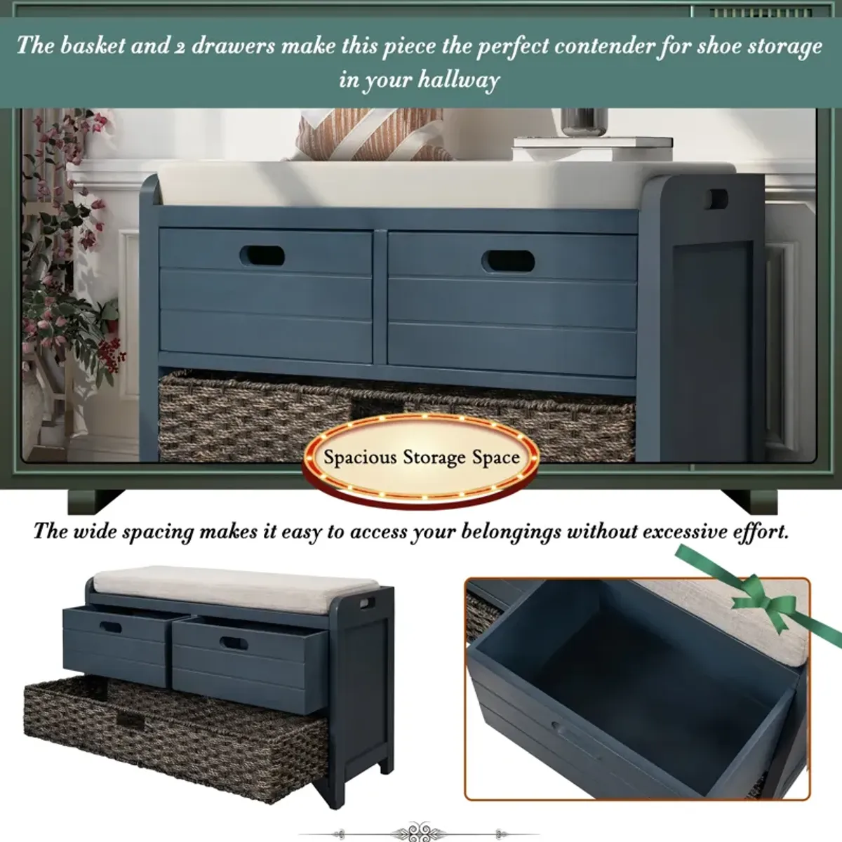 Merax Storage Bench with Removable Basket and 2 Drawers