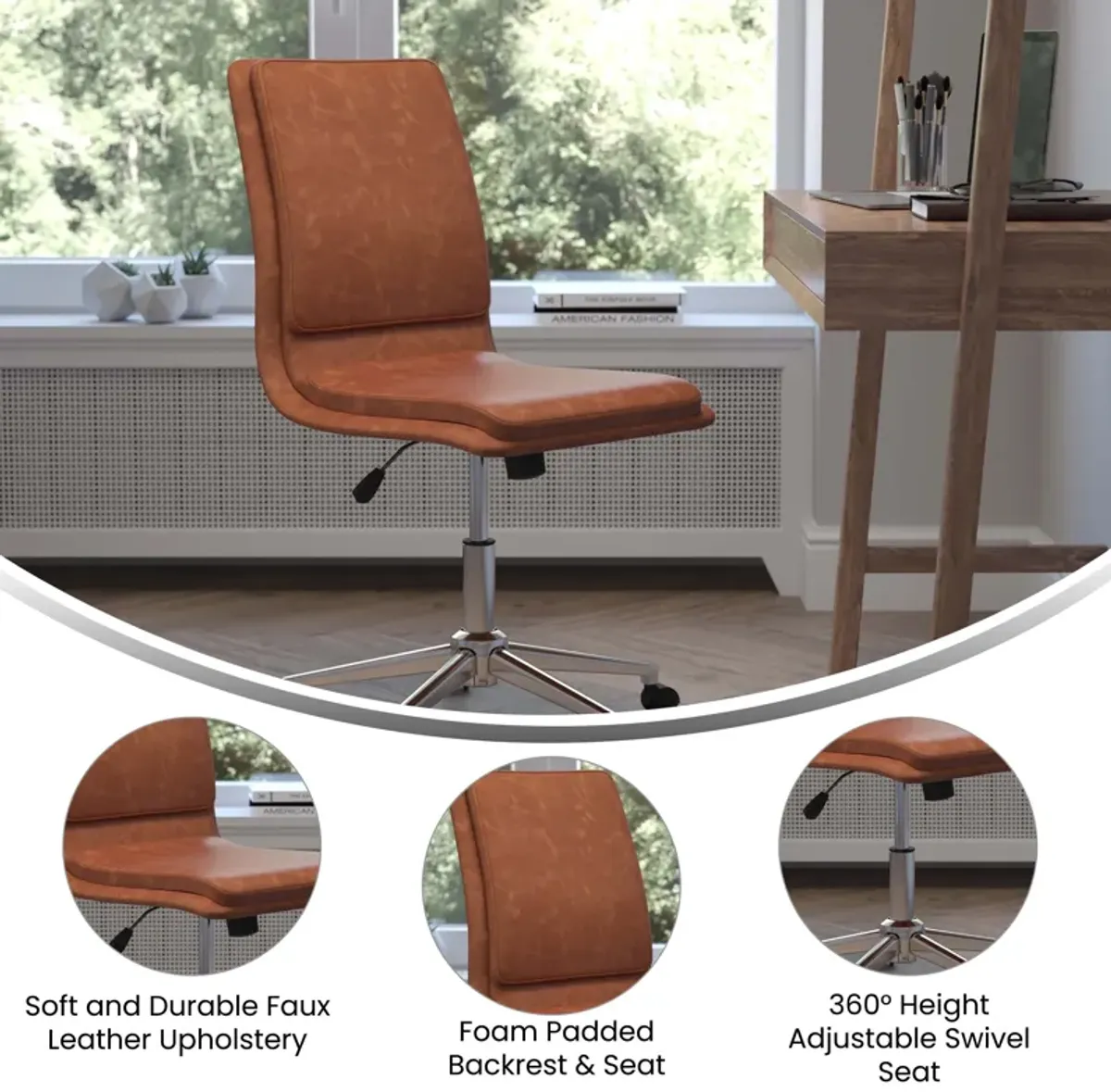 Madigan Mid-Back Armless Swivel Task Office Chair with LeatherSoft and Adjustable Chrome Base,