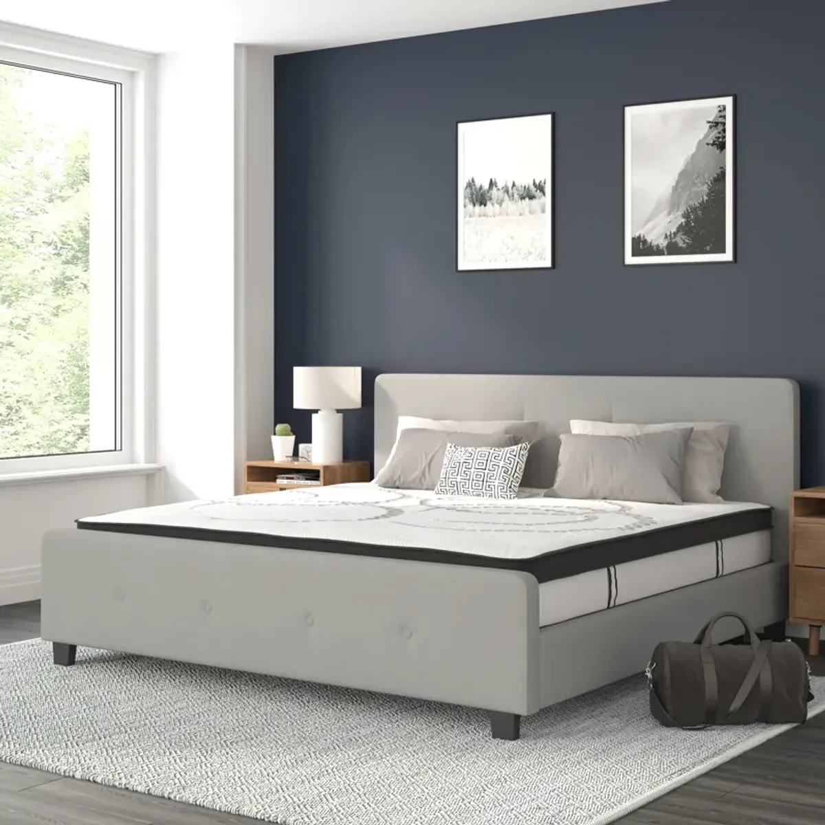 Tribeca King Size Tufted Upholstered Platform Bed in Light Gray Fabric with 10 Inch CertiPUR-US Certified Pocket Spring Mattress