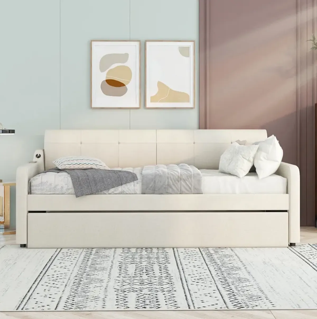 Merax Upholstery Daybed with Trundle and USB Charging Design