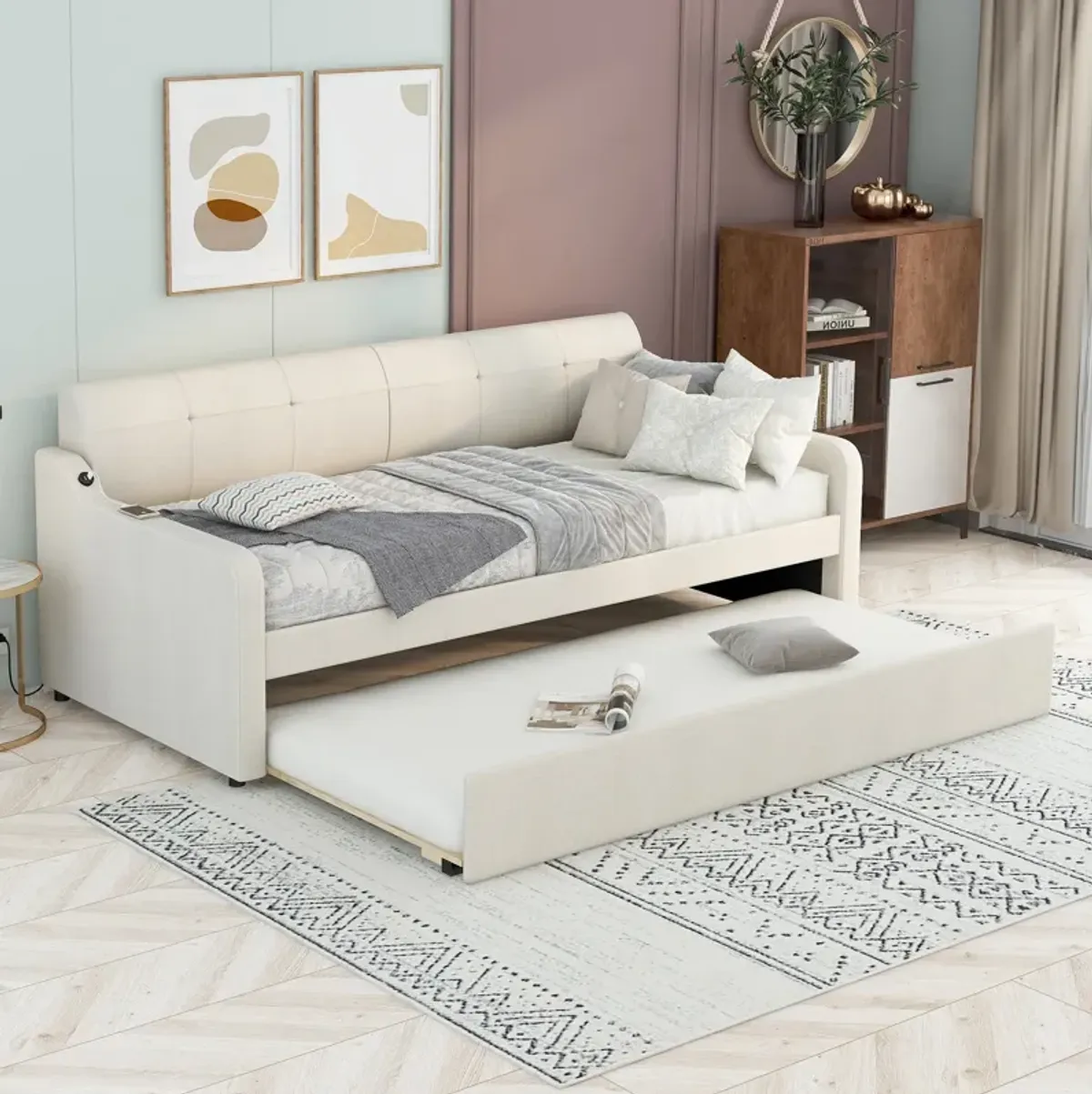 Merax Upholstery Daybed with Trundle and USB Charging Design