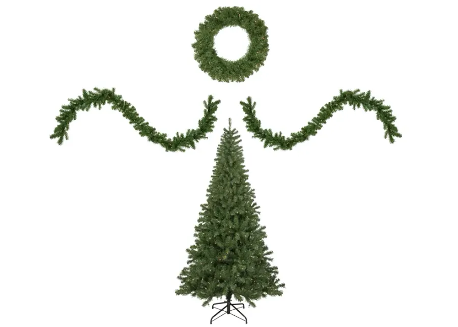 4-Piece Artificial Wolcott Spruce Christmas Tree  Wreath and Garland Set  Clear Lights