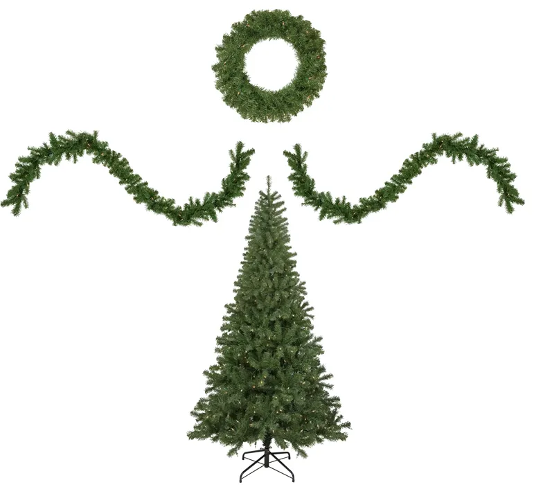 4-Piece Artificial Wolcott Spruce Christmas Tree  Wreath and Garland Set  Clear Lights