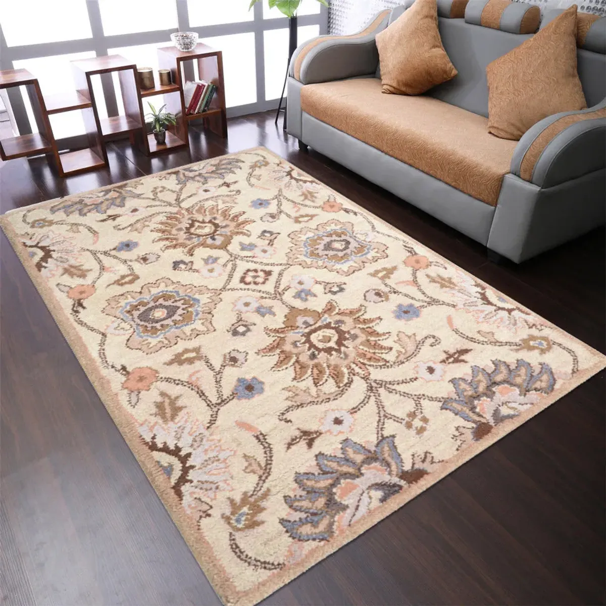 RUGSOTIC CARPETS HAND TUFTED WOOL ECO-FRIENDLY AREA RUGS  - 8'x11', Rectangle Shape, Cream, Floral Modern Design, High Pile Thick Handmade Anti Skid Area Rugs for Living Room, Bed Room (K00714)