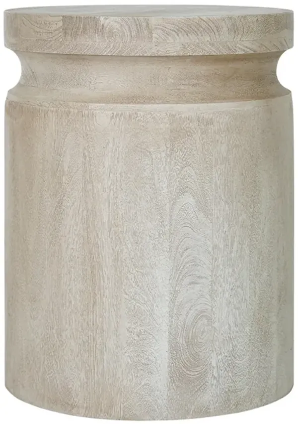 Benjara Kiv 24 Inch Side End Table, Round Mango Wood Top, Carved Accent Base, Gray, Cream