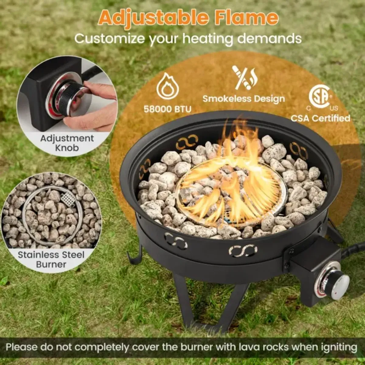 Hivvago 17 Inch Portable Gas Fire Pit with Folding Legs and Removable Grill for Camping-Black