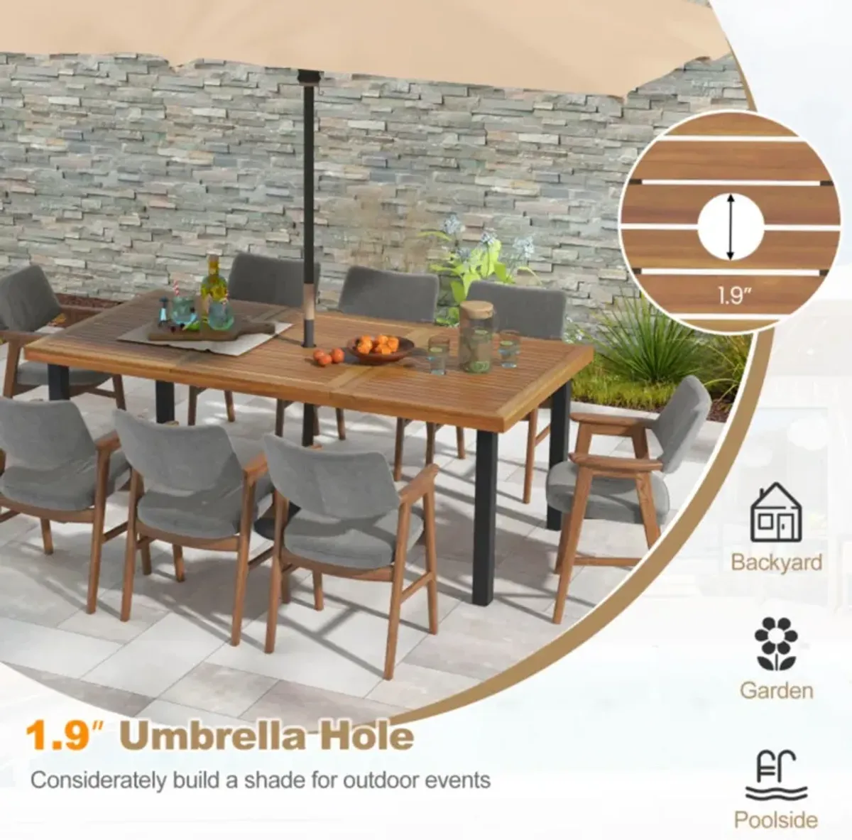 Hivvago 79" Acacia Wood Dining Table 8-Person Patio Table with 1.9" Umbrella Hole and Adjustable Foot Pads