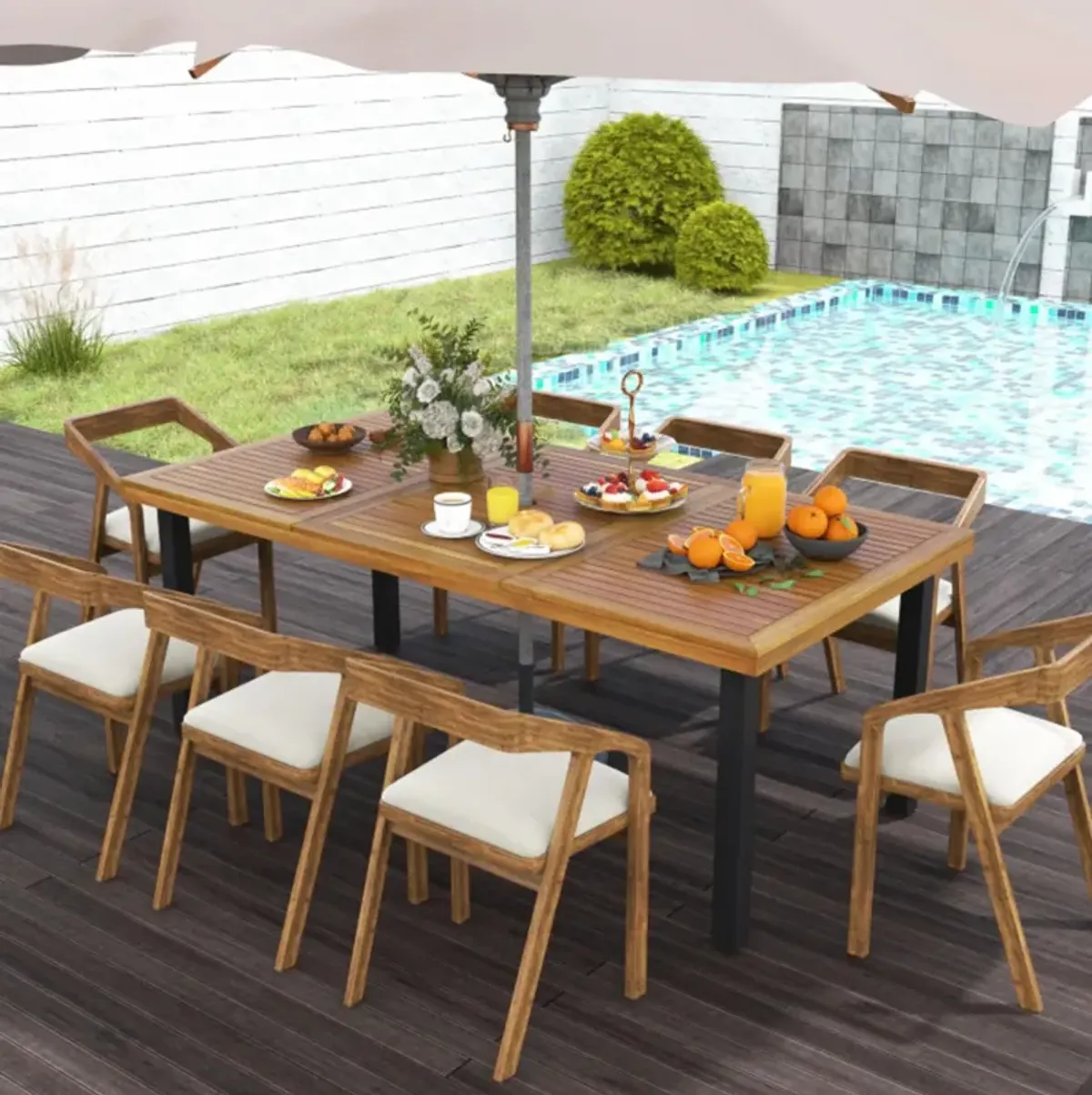 Hivvago 79" Acacia Wood Dining Table 8-Person Patio Table with 1.9" Umbrella Hole and Adjustable Foot Pads