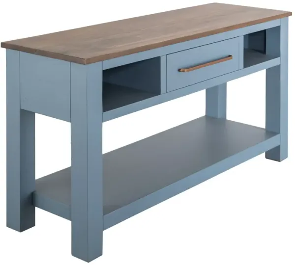 Irra Sofa Console Table, 3 Shelves, Slate Blue, Brown Wood, 62 Inch
