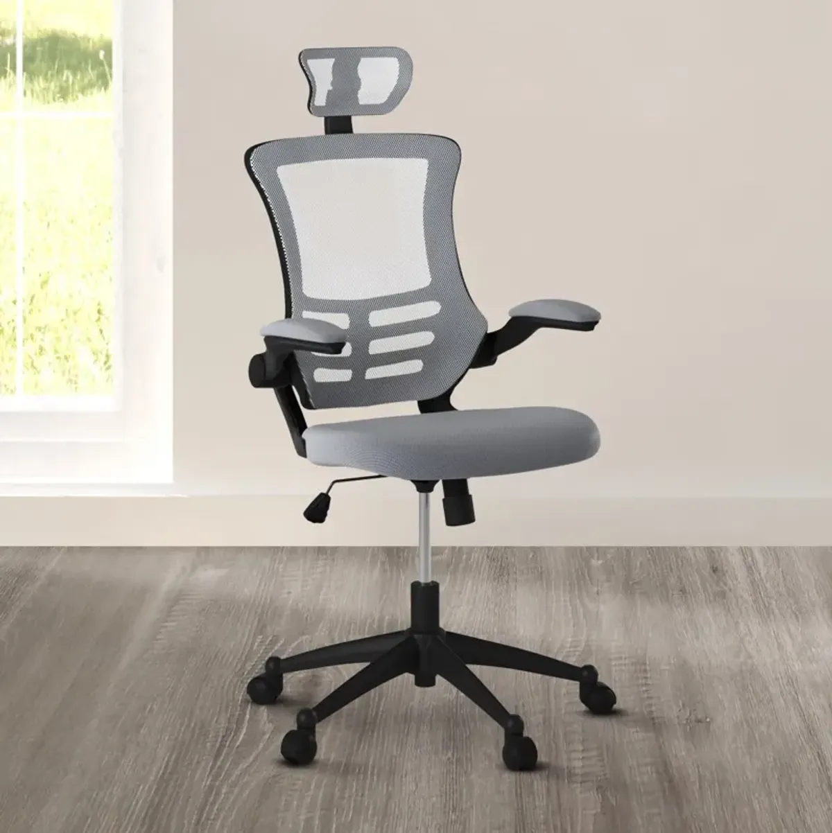 Modern High-Back Mesh Executive Office Chair With Headrest And Flip-Up Arms, Silver Grey