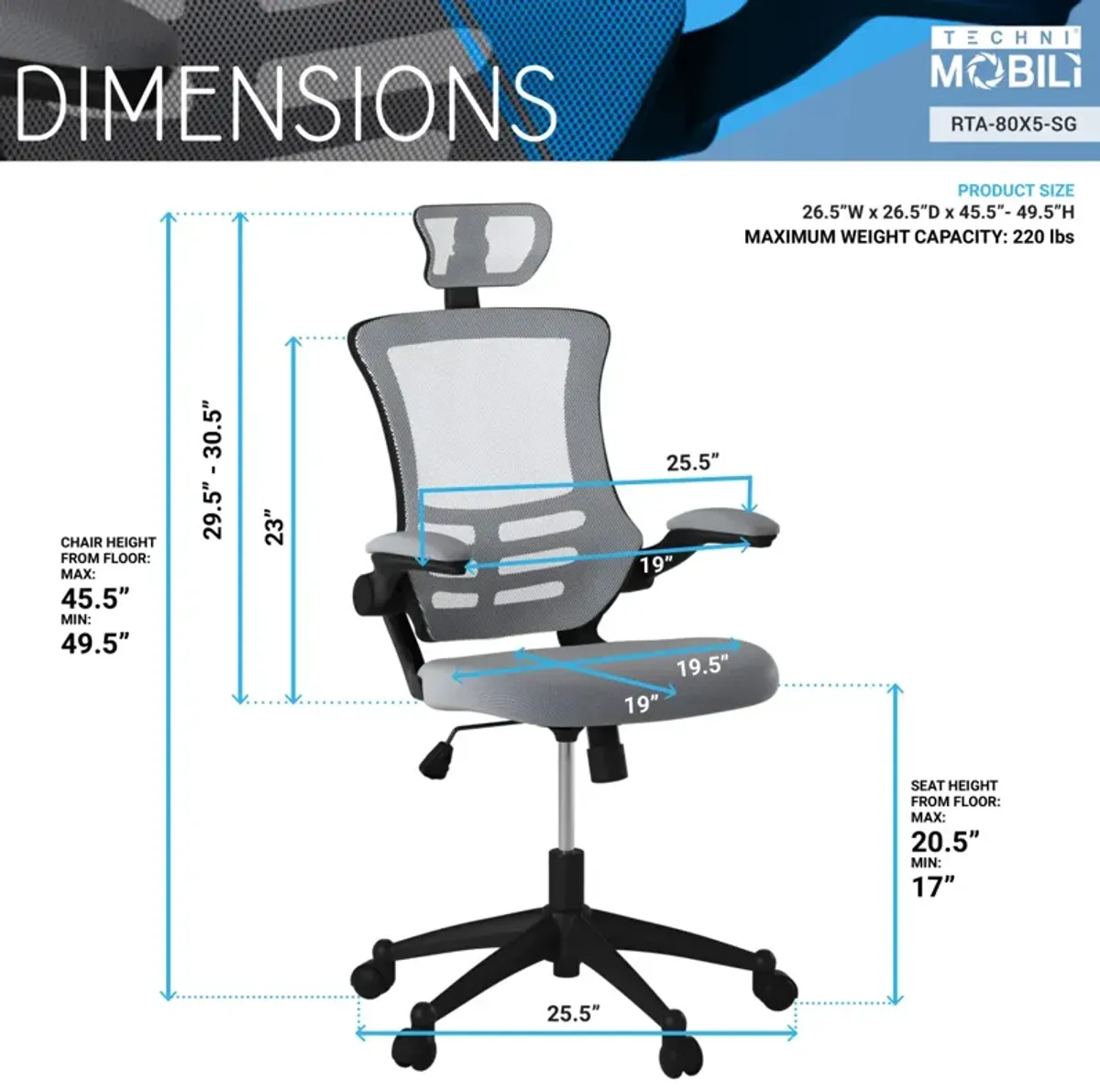 Modern High-Back Mesh Executive Office Chair With Headrest And Flip-Up Arms, Silver Grey