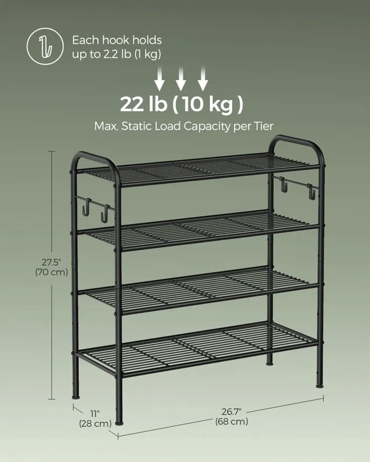 26.7" Wide 4-Tier Metal Shoe Rack with 4 Hooks