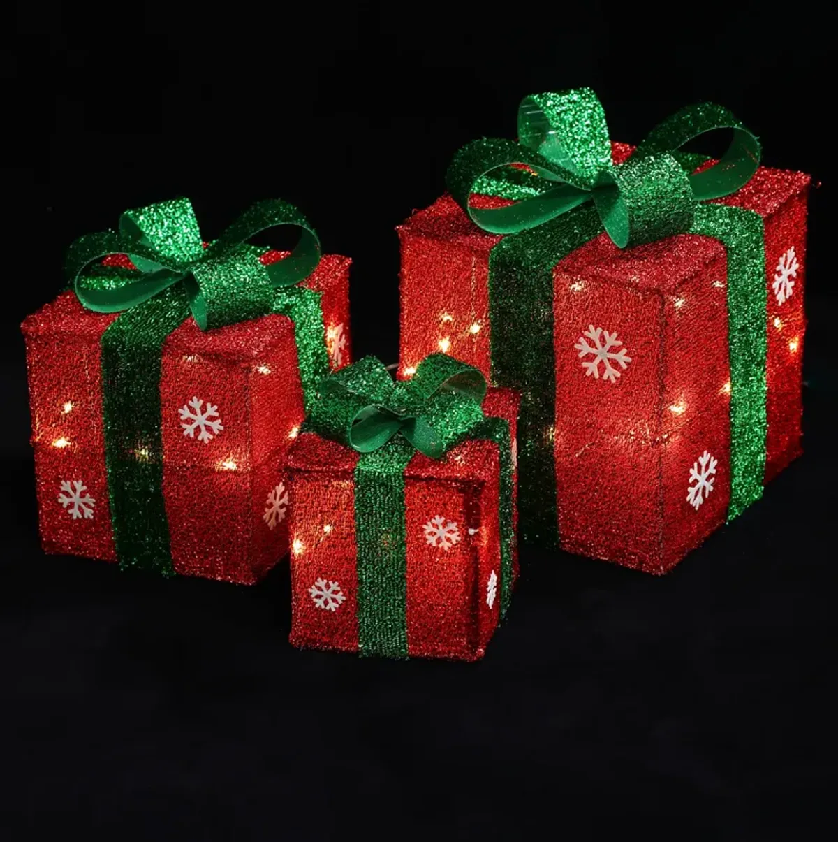 LuxenHome Set of 3 Red and Green Gift Boxes with Bows Lighted Christmas Yard Decoration