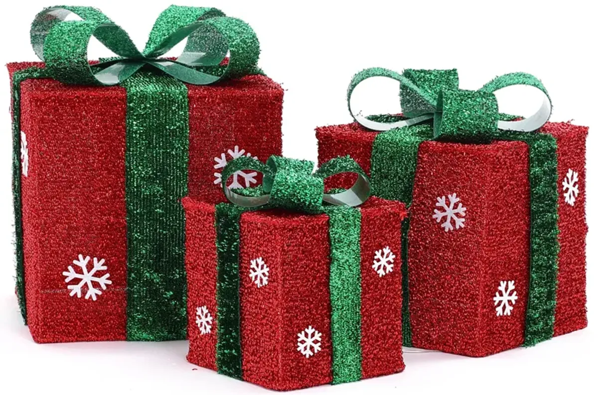 LuxenHome Set of 3 Red and Green Gift Boxes with Bows Lighted Christmas Yard Decoration