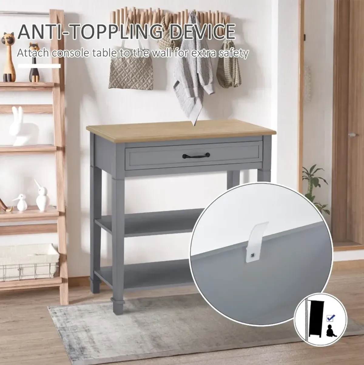 Grey Vintage Hallway: Retro-Styled Console Table with Large Storage