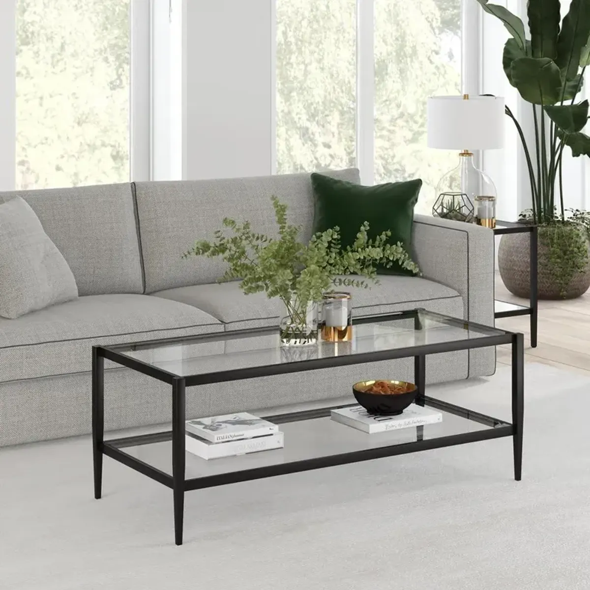 Hudson&Canal Hera 45'' Wide Rectangular Coffee Table with Glass Shelf in Blackened Bronze