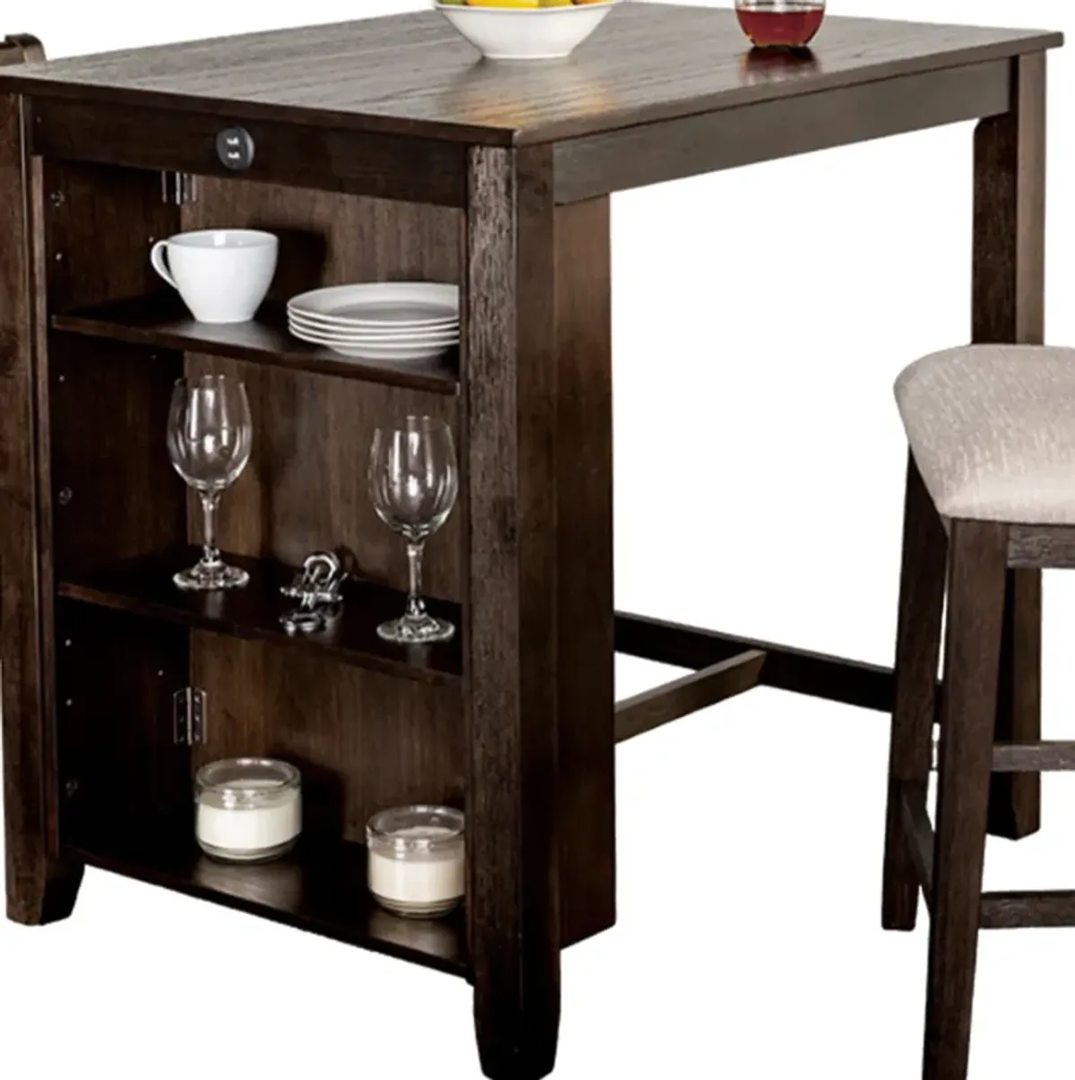 Lessi 3pc Counter Height Table Set with Side Shelf, USB , Cherry Brown Wood