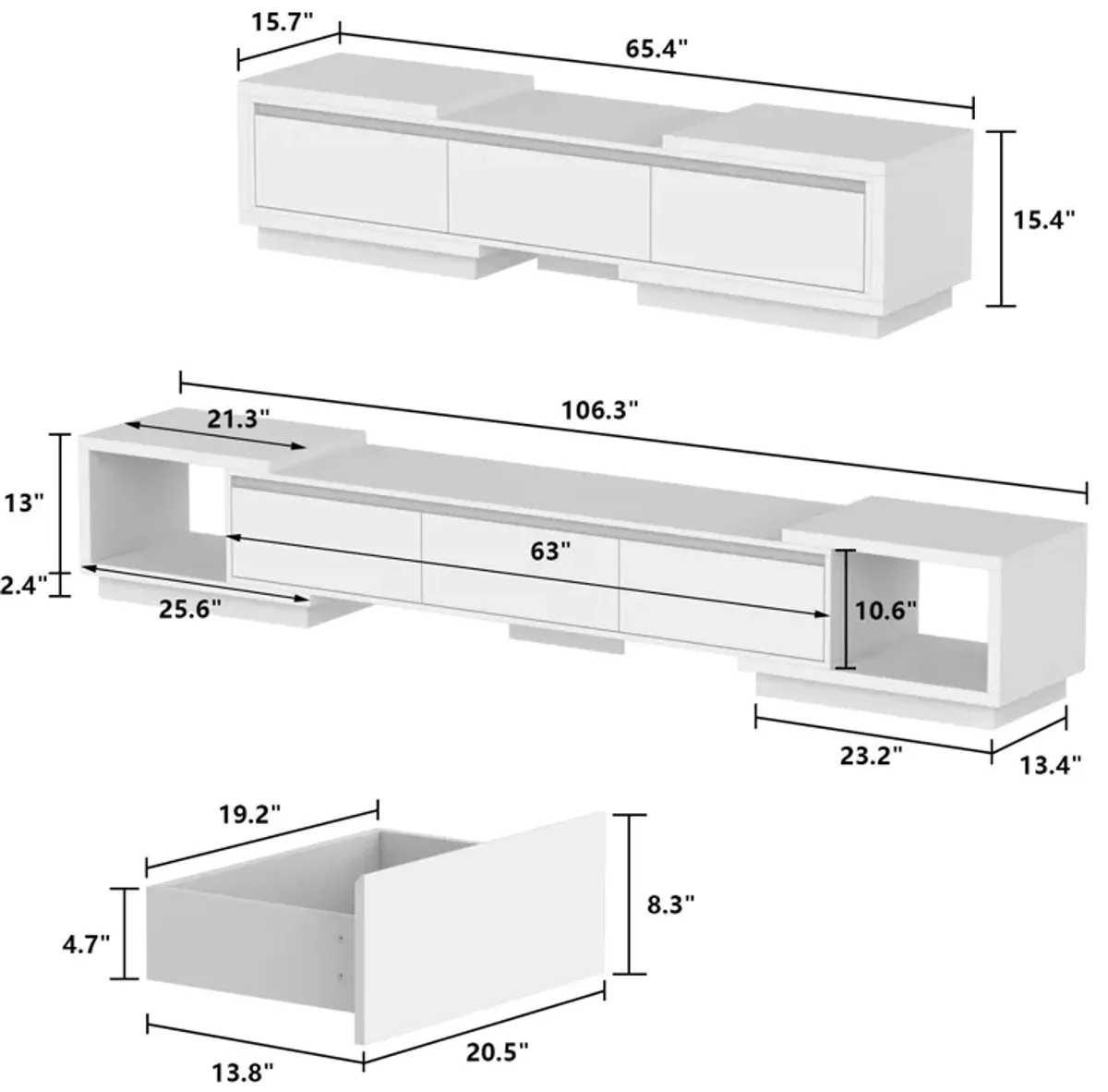 Extendable TV Stand Entertainment Center White Wood Media Console Fits 120 in. With Drawers 65.4-106.3 in. W