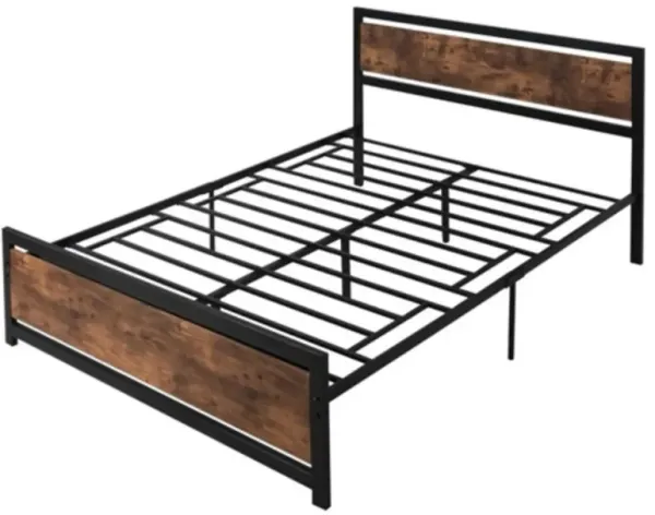 Rustic Farmhouse Metal and Wood Platform Bed – Headboard and Footboard with Strong Slat Support