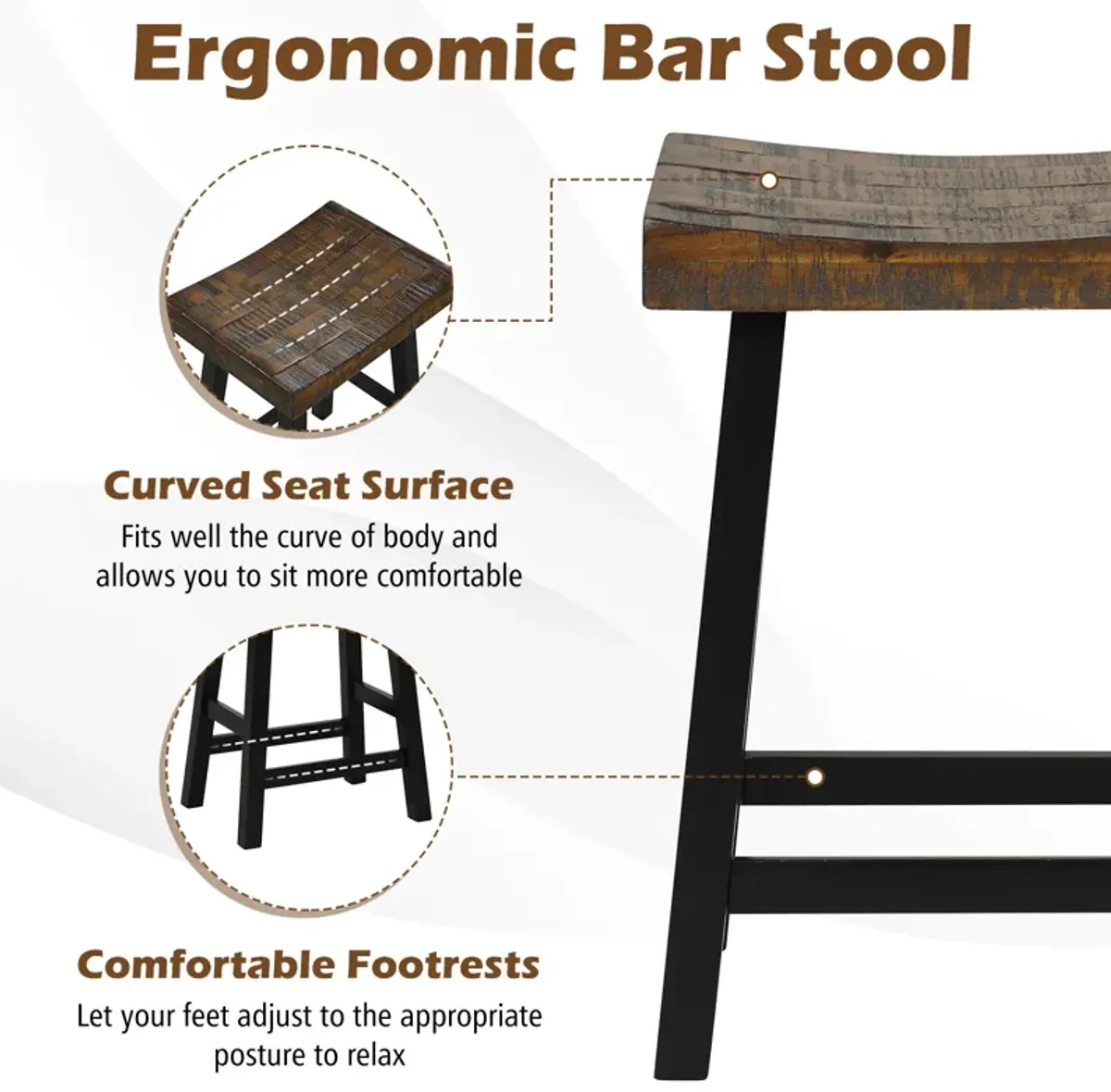 Solid Wood Saddle-Seat with Curved Seat Surface and Comfortable Footrests