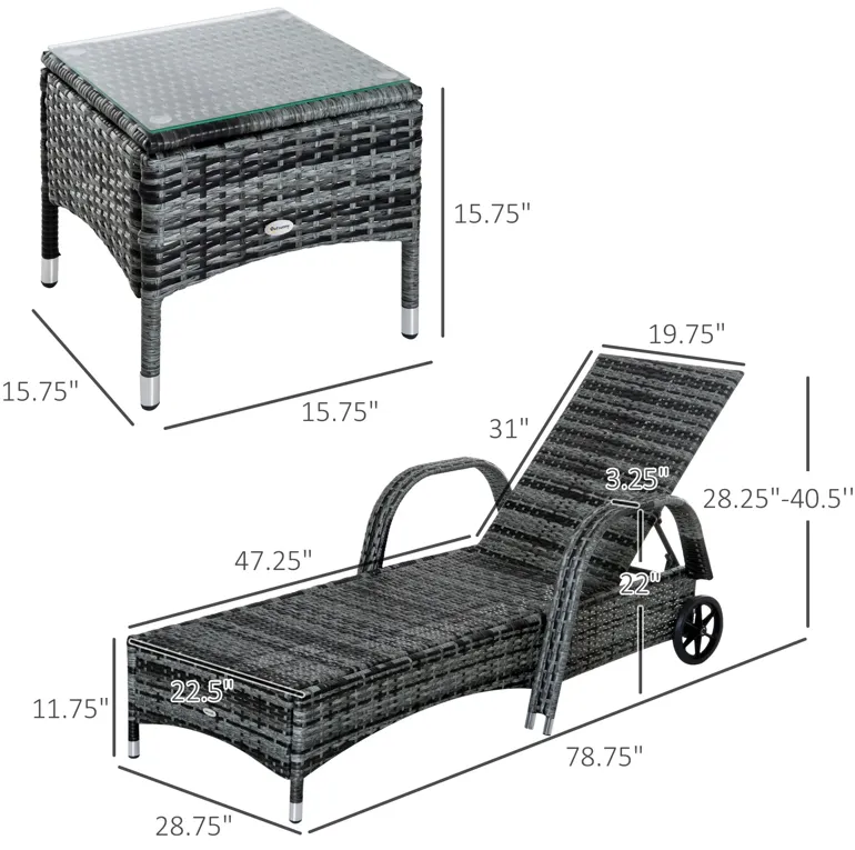 Gray Outdoor Relaxation: 3-Piece Wicker Chaise Lounge Set with Table