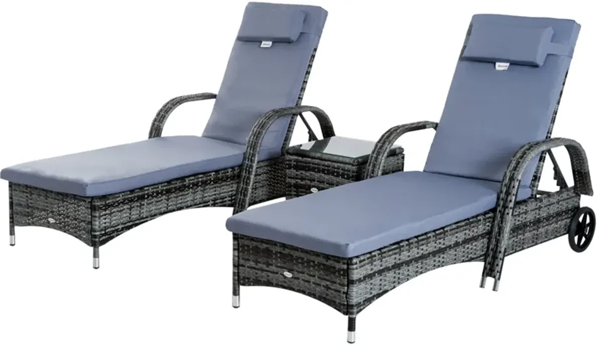 Gray Outdoor Relaxation: 3-Piece Wicker Chaise Lounge Set with Table