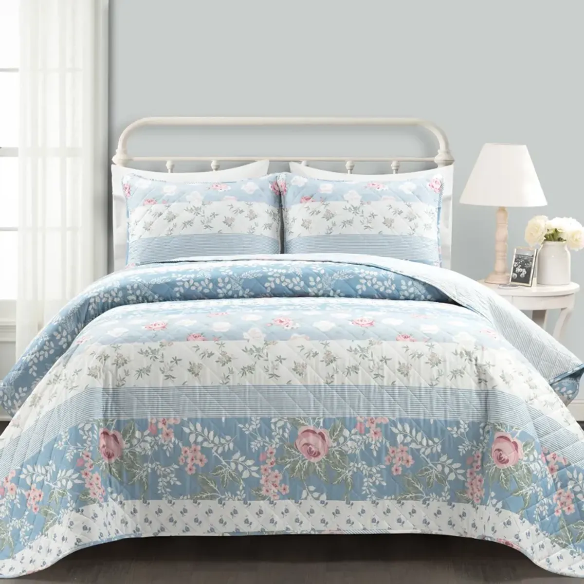 Cottage Core Flower Stripe Oversized Reversible Cotton Quilt Blue/Dusty Pink 3Pc Set Full/Queen