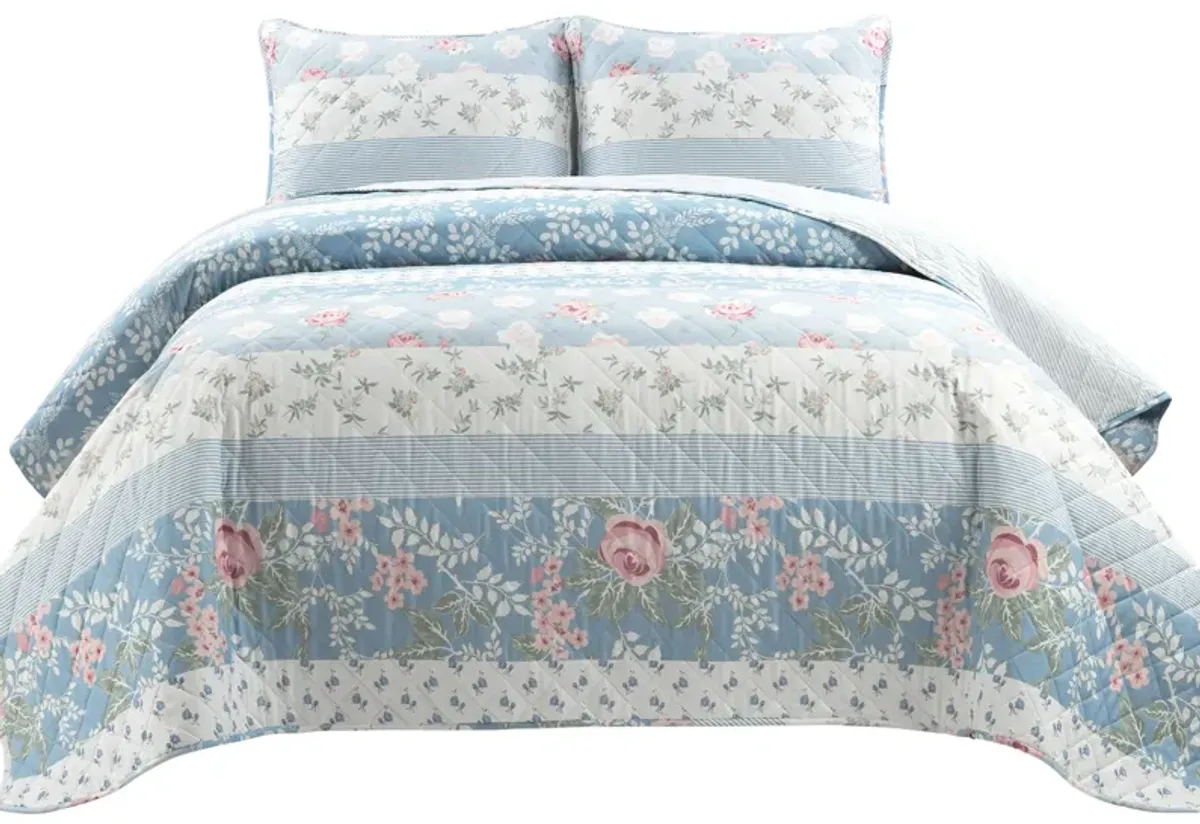 Cottage Core Flower Stripe Oversized Reversible Cotton Quilt Blue/Dusty Pink 3Pc Set Full/Queen