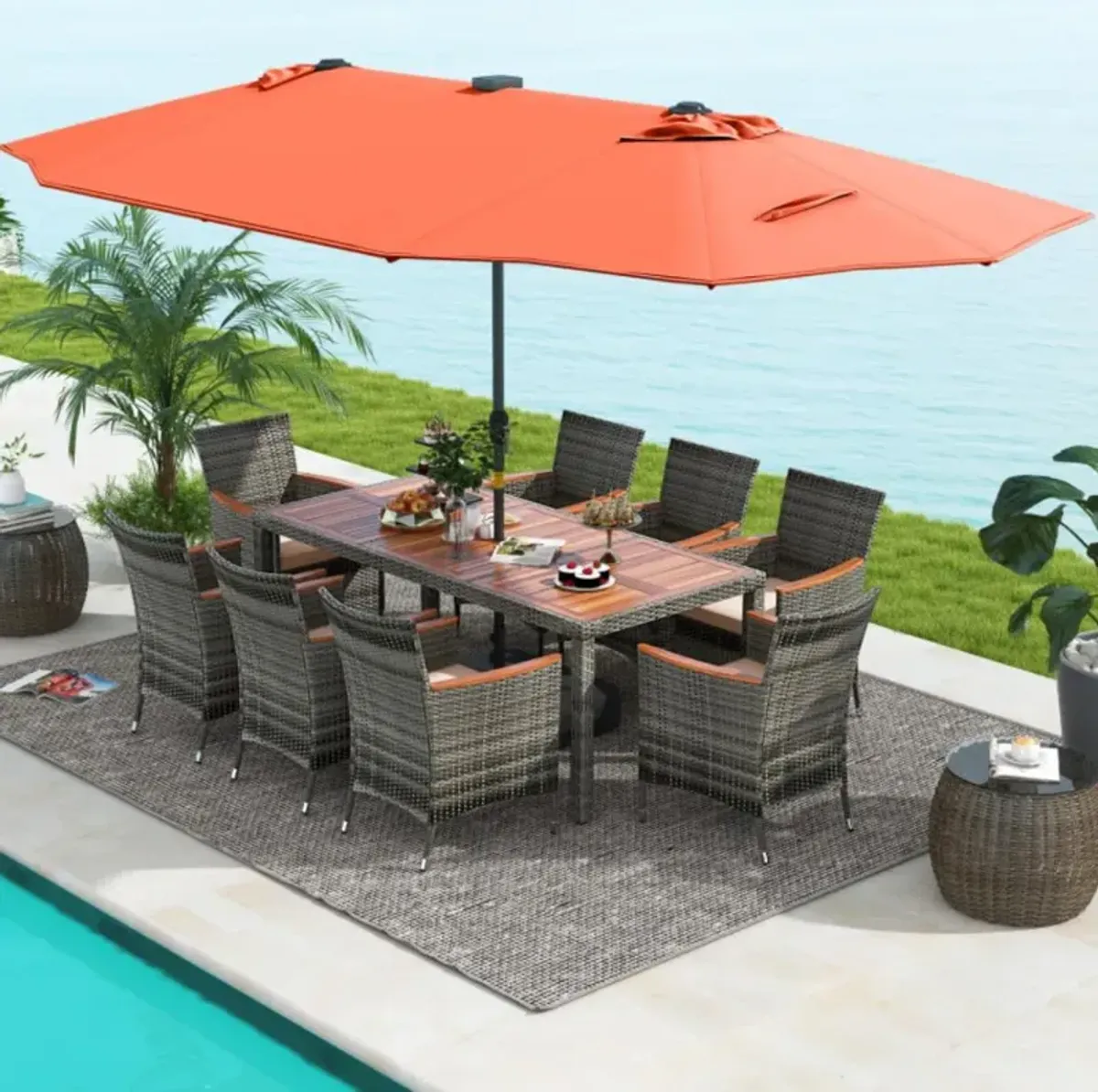 Hivvago 11 Pieces Patio Dining Set with 15 Feet Double-Sided Patio Umbrella Base Included