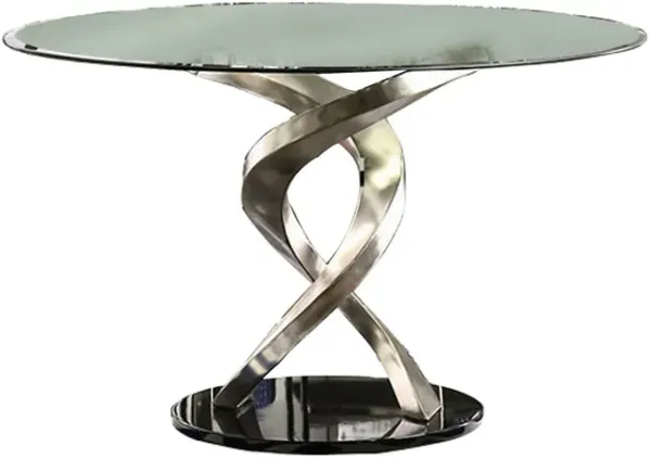 Contemporary Round Dining Table with Swirl Metal Base, Black and Silver-Benzara