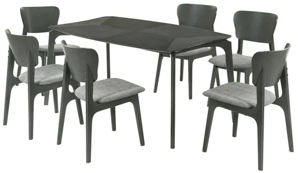 Kalie 7 Piece Dining Table Set with 6 Chairs, Gray Fabric Upholstery - Benzara