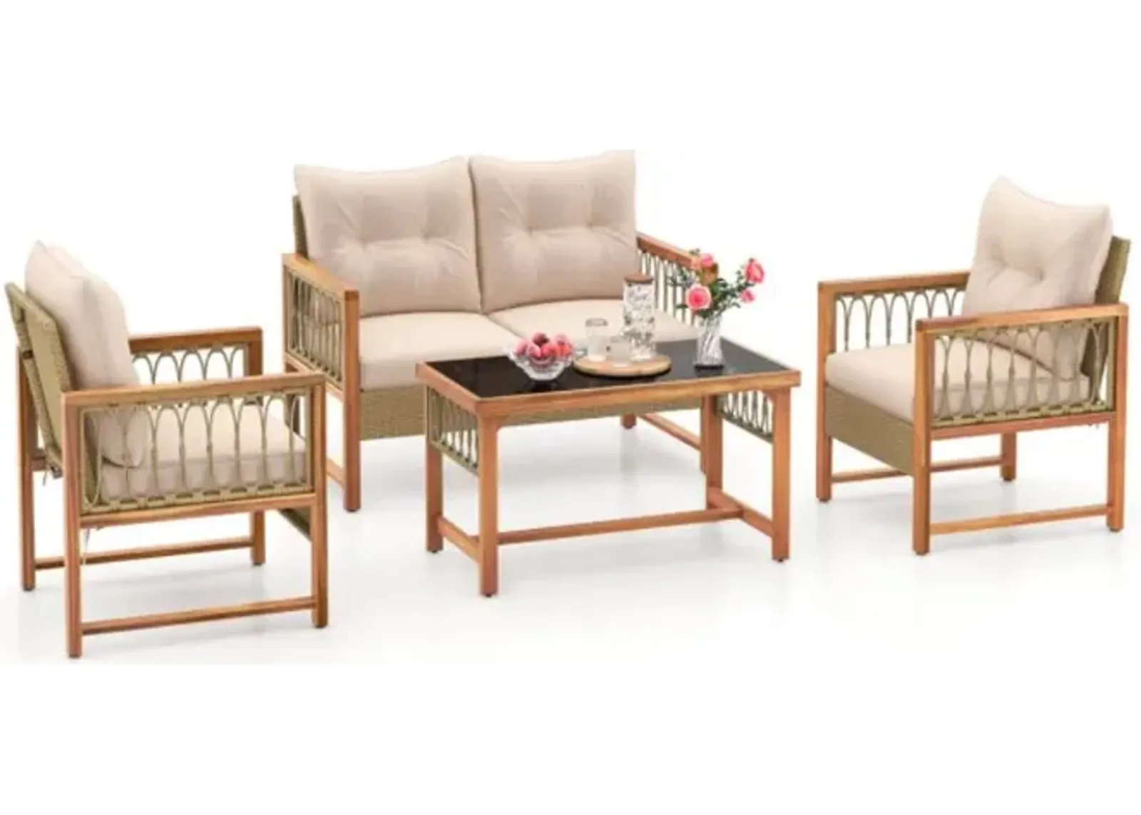 Hivvago 4 Pieces Outdoor Patio PE Wicker Conversation Bistro Set with Acacia Wood Frame