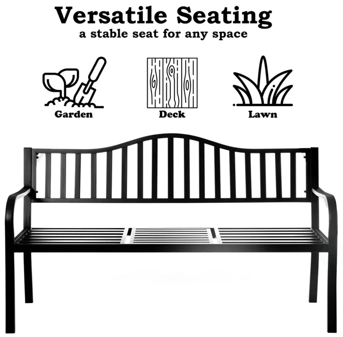 Outdoor Powder Coated Steel Park Bench, Garden Bench with Pop Up Middle Table, Lawn Decor Seating Bench for Yard, Patio, Garden, Balcony, and Deck