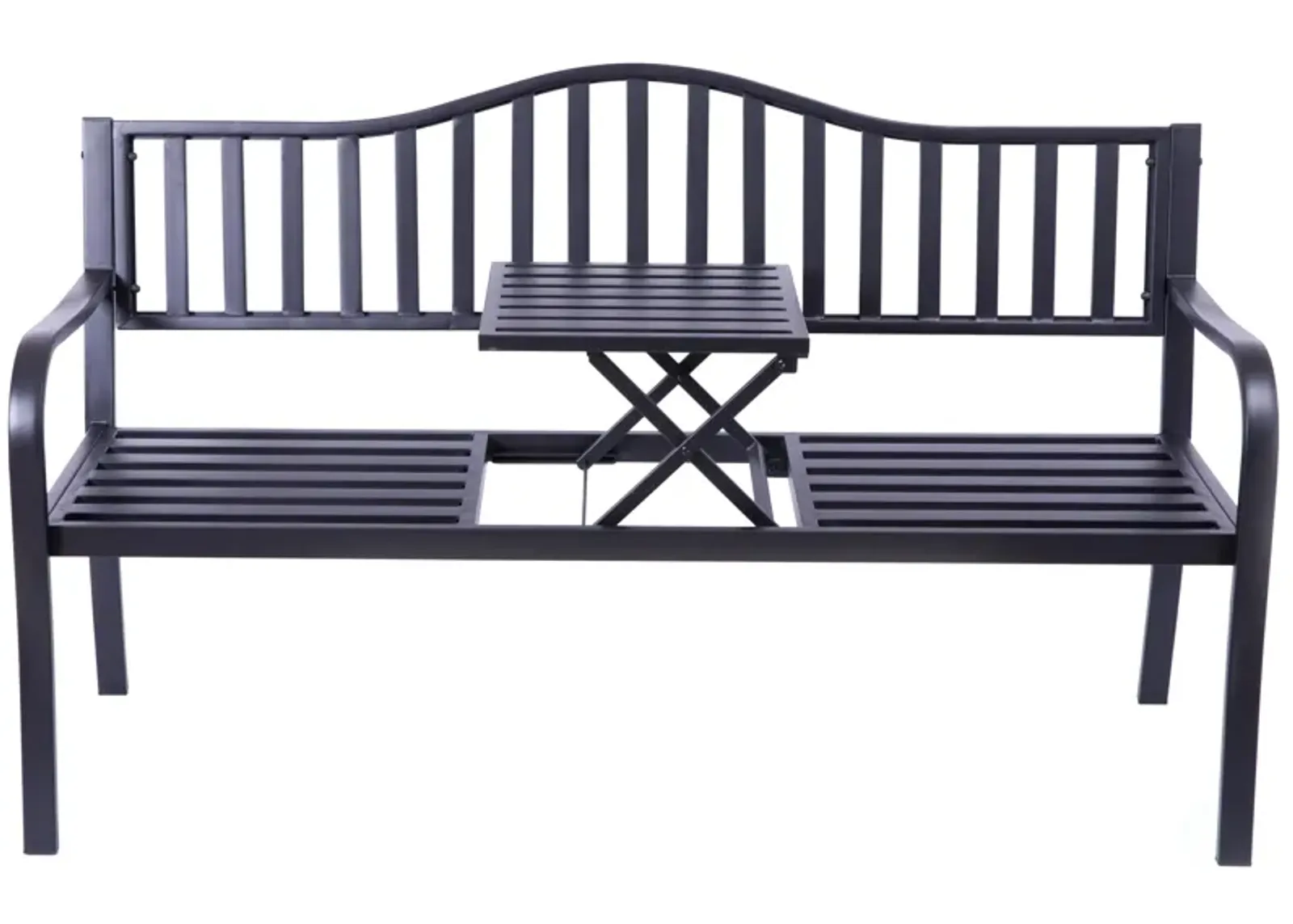 Outdoor Powder Coated Steel Park Bench, Garden Bench with Pop Up Middle Table, Lawn Decor Seating Bench for Yard, Patio, Garden, Balcony, and Deck