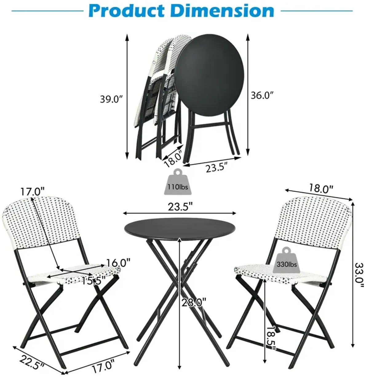 3 Pieces Patio Rattan Bistro Set with Round Dining Table and 2 Chairs