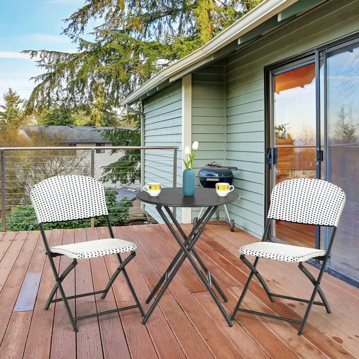 3 Pieces Patio Rattan Bistro Set with Round Dining Table and 2 Chairs