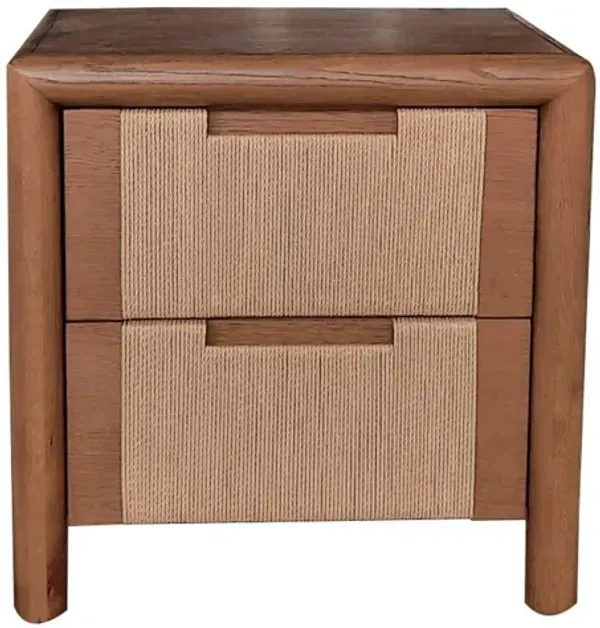 Oryn Nightstand with 2 Drawers and Retro Look, Natural Rope, Brown Oak - Benzara