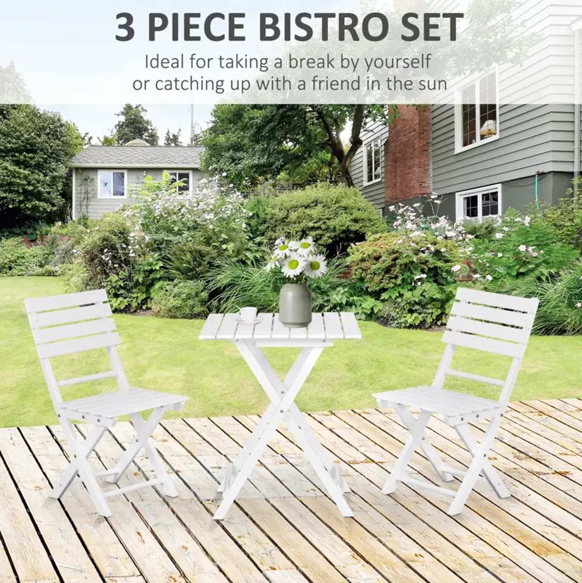 White Garden Trio: 3-Piece Folding Pine Wood Bistro Set