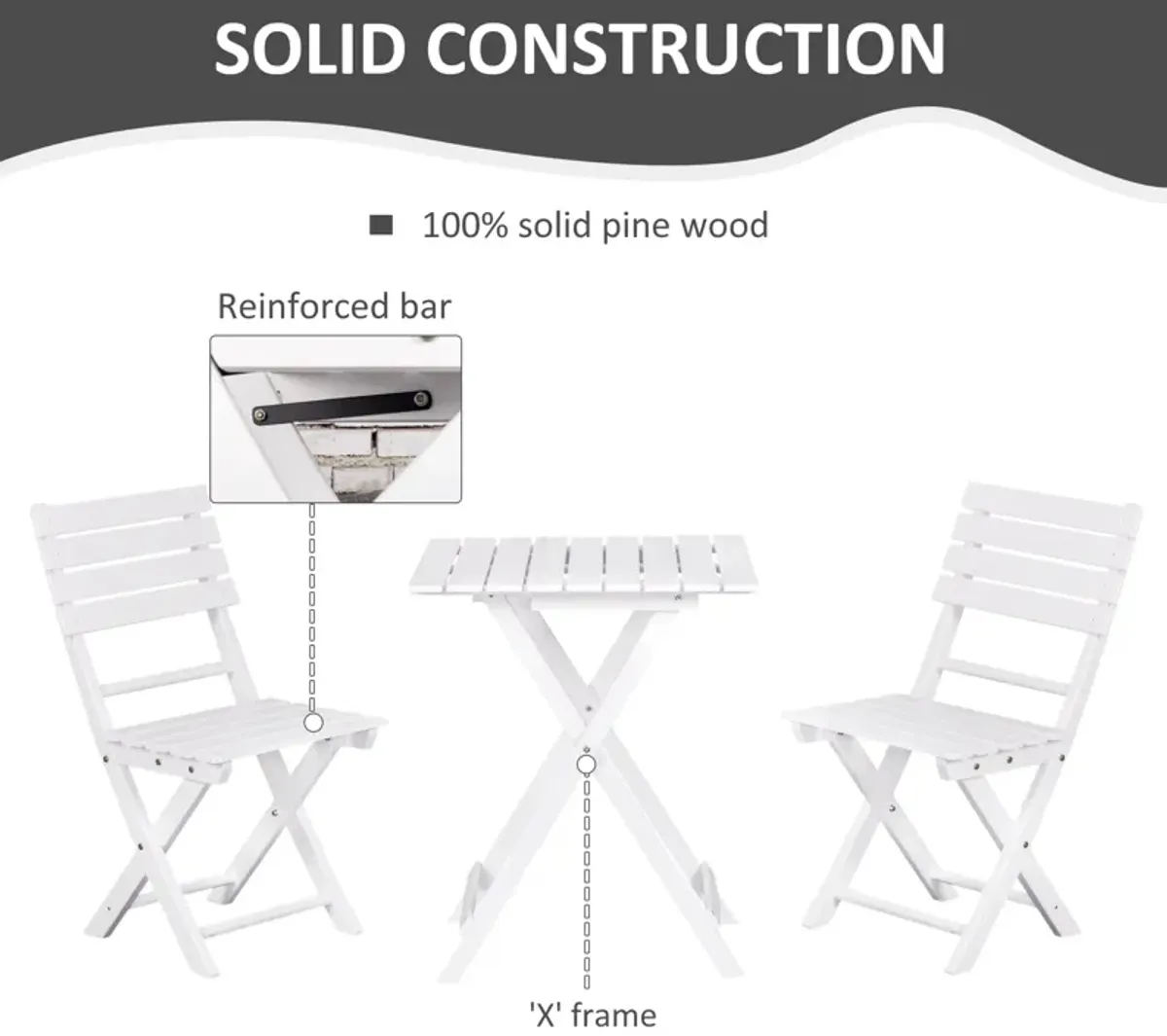 White Garden Trio: 3-Piece Folding Pine Wood Bistro Set