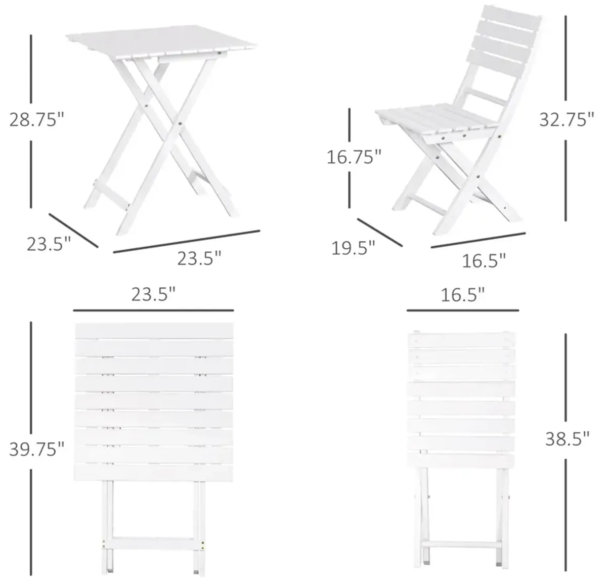 White Garden Trio: 3-Piece Folding Pine Wood Bistro Set