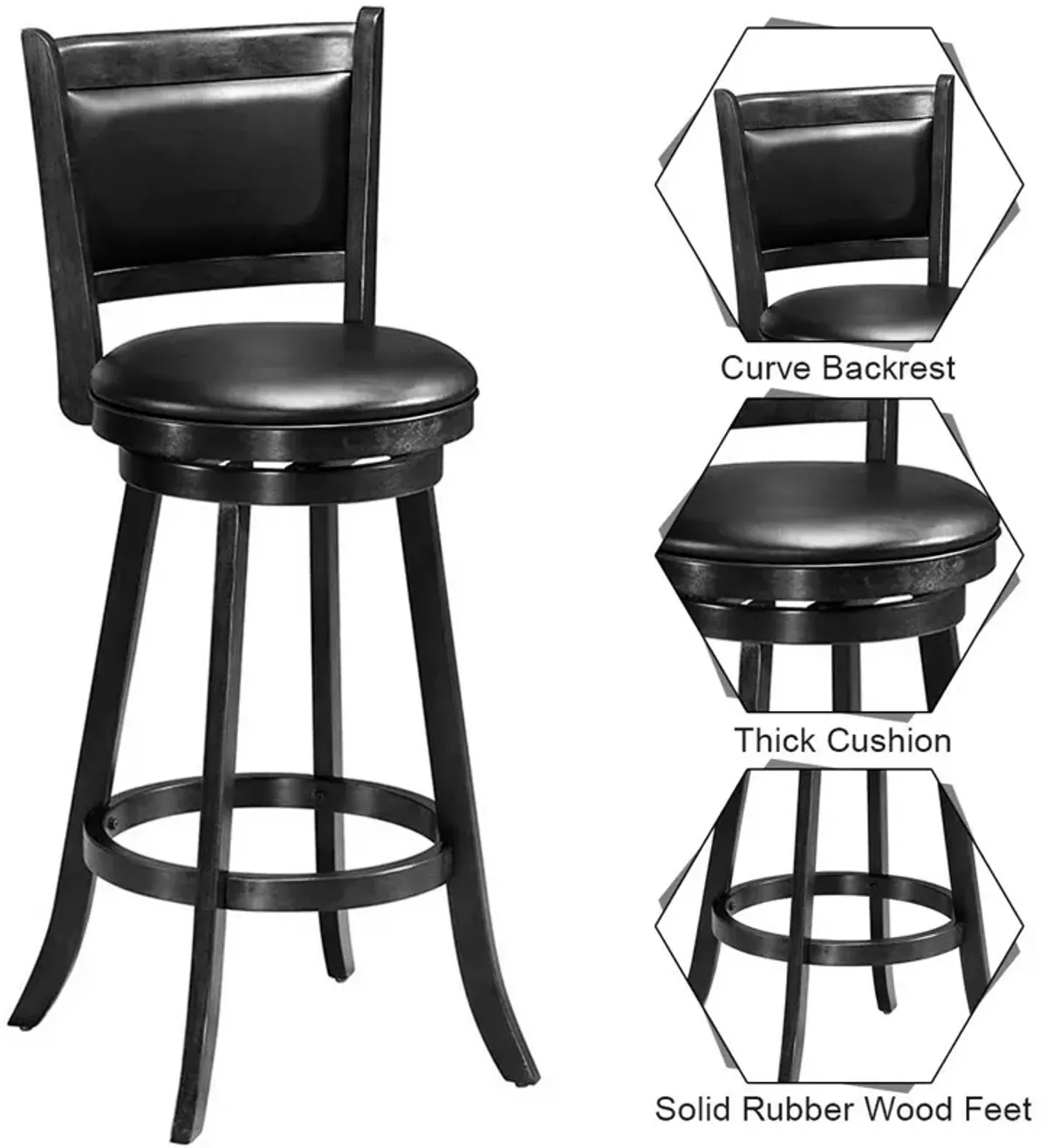 Set of 2 29 Inch Swivel Bar Height Stool Wood Dining Chair Barstool